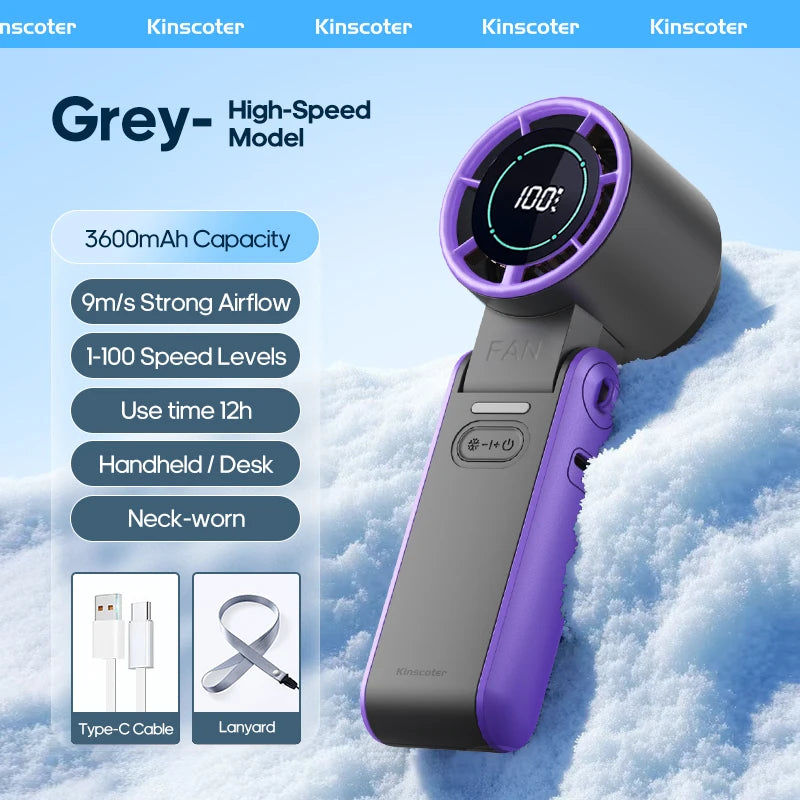 Portable Handheld Mini Fan – Foldable, Rechargeable 3600mAh, 100-Speed Turbo Cooling