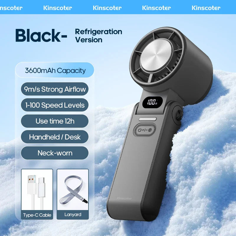 Portable Handheld Mini Fan – Foldable, Rechargeable 3600mAh, 100-Speed Turbo Cooling