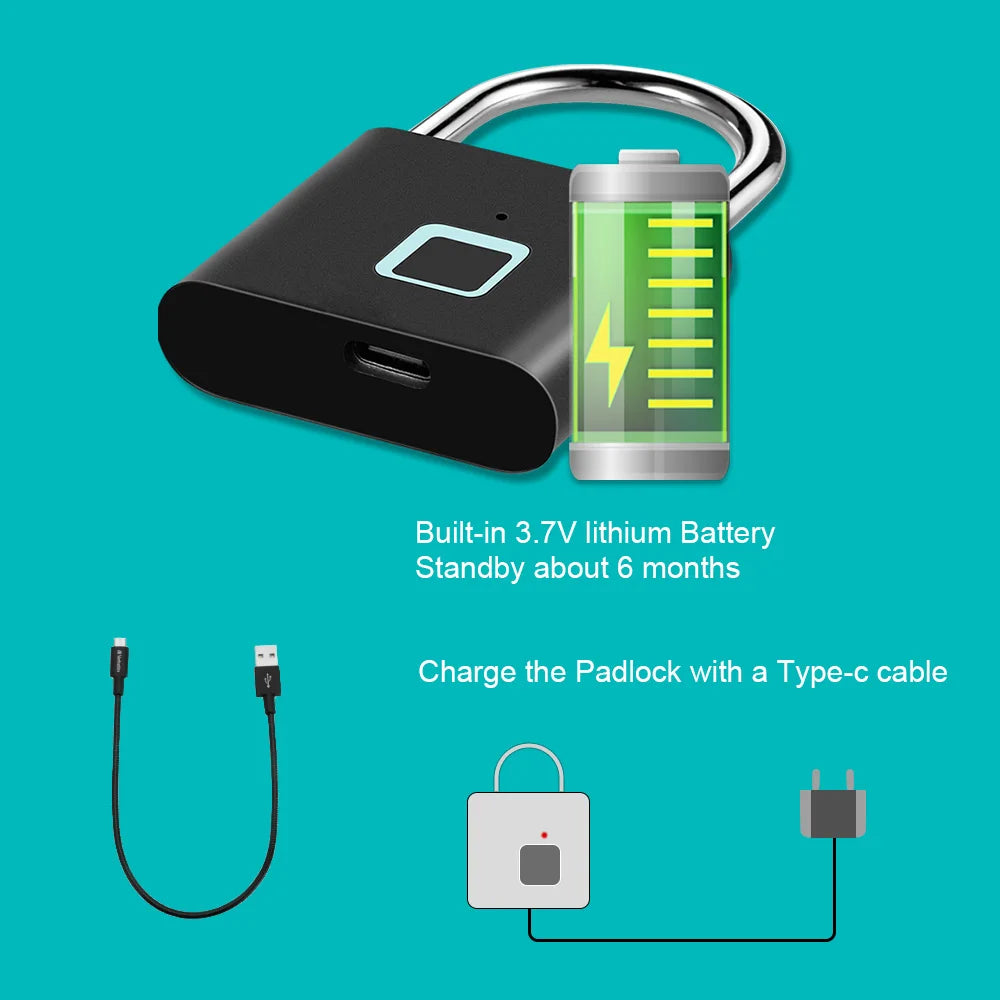 Smart Fingerprint Padlock -Waterproof  Biometric lock with Rechargeable Battery for Door, Gym,Locker & TRavel Sercurity