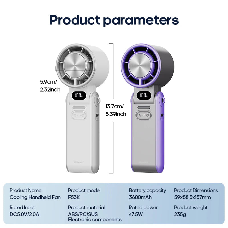 Portable Handheld Mini Fan – Foldable, Rechargeable 3600mAh, 100-Speed Turbo Cooling